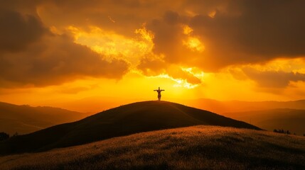 Sunset hill with jesus carrying the cross  a symbol of suffering, sacrifice, and resurrection