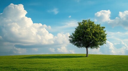 A lone tree stands on a grassy hill against a blue sky with fluffy white clouds. - Powered by Adobe