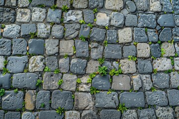 Cobblestone stone road pavement with patches of green grass and small plants growing between the stones. The stones are irregularly shaped and vary in color.