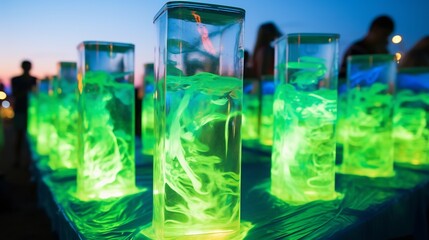 Yumberry mojitos served tall elegant glassware luxury beachfront bar neon lights live music softly glowing background promoting refreshing and tropical cocktail experience Scientific name Myrica rubra