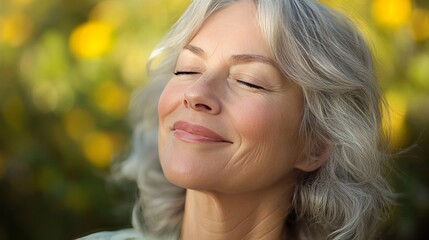 old lady smiles with closed eyelids