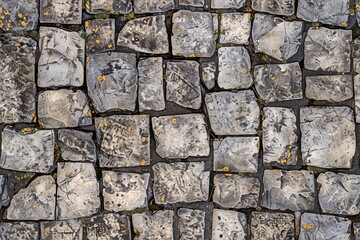 Obraz premium Cobblestone stone road pavement featuring irregularly shaped stones with a mix of gray and black hues. Some stones show signs of wear and weathering.