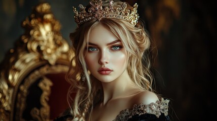 A young woman with blonde hair and blue eyes wears a gold crown and looks directly at the camera. She is sitting on a throne and is dressed in a black dress. © harkamat