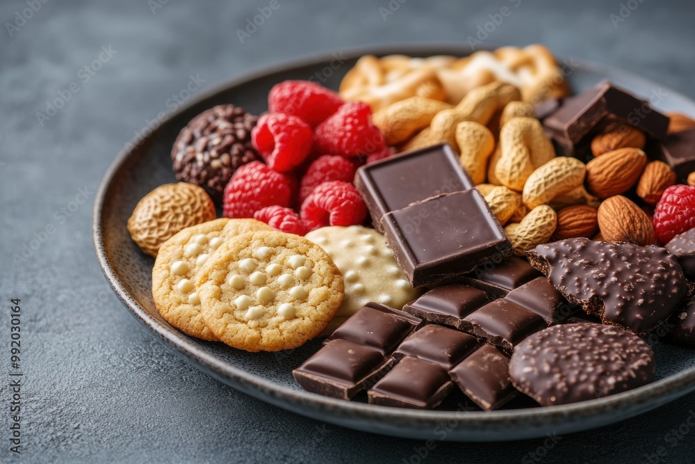 Canvas Prints assortment of sweet and savory snacks on a plate cookies, chocolates, and nuts great for a snack platter concept