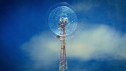 Infrastructure 5G tower against blue sky with graphic animation of global connectivity