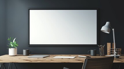 Mock-up of a blank rectangle canvas in a horizontal black frame, set above a desk against a wood wall, designed in a minimalist style with ample copy space for text.