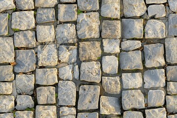 Cobblestone stone road pavement, featuring irregularly shaped stones with a weathered texture. The stones are arranged in a grid pattern, with some grass and dirt.