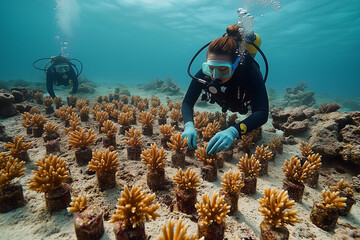 A coral reef restoration project with divers planting new corals to restore marine habitats.