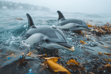 Obraz premium An ocean surface free of pollution, with whales breaching and dolphins swimming, thriving thanks to clean-up efforts.