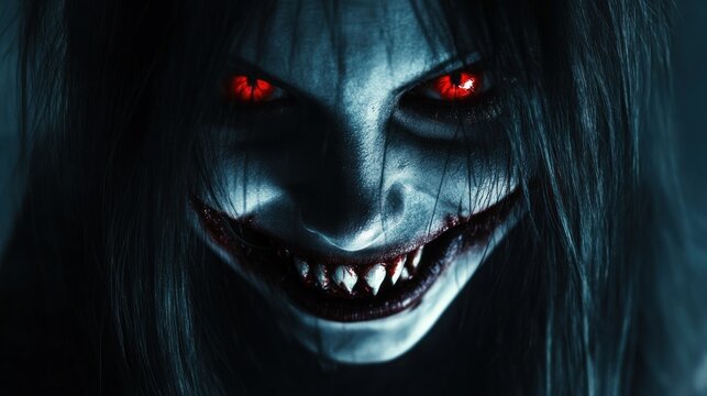 Close up of a scary, evil-looking female face with red eyes, a large, wide smile, and sharp teeth, with a dark background.