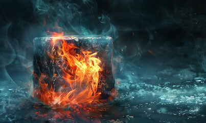 Fire Burning Inside an Ice Cube: A Stunning Visual Contradiction Symbolizing the Balance of Elements Against a Modern Background