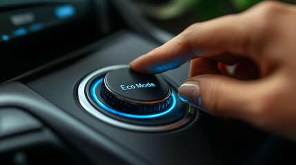 A close-up of a person pressing the "Eco Mode" button in an electric vehicle, conserving energy and reducing emissions.