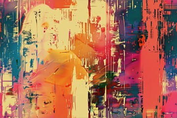 Fototapeta premium Seamless abstract distressed distortion digital artwork featuring vibrant colors and dynamic brush strokes. The composition includes shades of orange, pink.