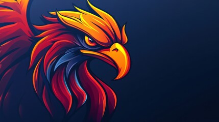 Fiery eagle head with intense gaze and spread wings against dark blue background.