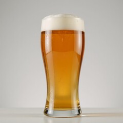 Glass containing amber-hued beverage (beer)