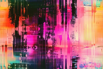 Seamless abstract distressed distortion digital artwork featuring vibrant colors such as pink, orange, and black. The composition includes vertical and horizontal lines.