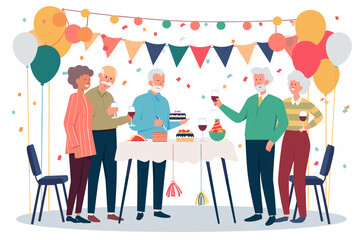 Retirement party with many mature people cheering and celebrating. flat design illustration