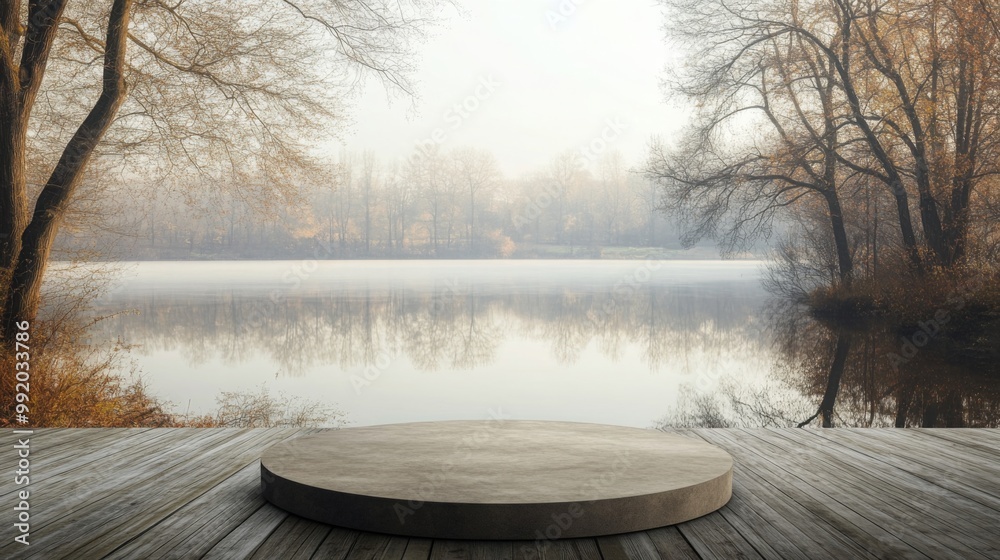Poster a wooden platform extends over a lake with a circular, stone surface in the foreground. bare trees l