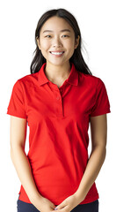 Asian woman in her 30s posing with red t-shirt job uniform an smiling
