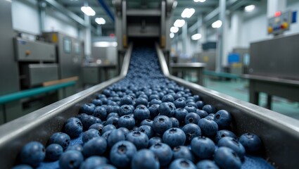 Obraz premium Fresh blueberries on conveyor belt in modern processing facility