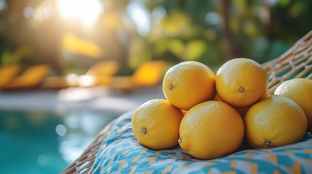 Spanish lime creatively stacked vibrant patterned hammock sunlight filtering through palm frond brightly colored beach towel softly blurred background promoting relaxed beachside vibe Scientific name