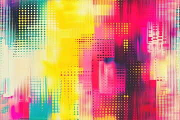 Seamless vibrant abstract halftone glitch background featuring a blend of bright colors including pink, yellow, and turquoise. The design incorporates dotted patterns.