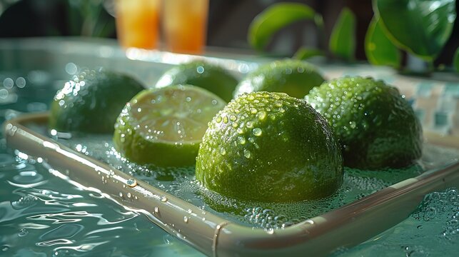 Spanish lime placed bright floatable tray gently drifting luxury pool surrounded crystalclear water tropical drink softly blurred background evoking luxurious resort feel Scientific name Melicoccus