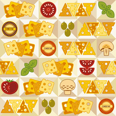 Seamless pattern with icons of Cheese, text, abstract shapes in flat simple geometric style. White mosaic background. For branding, decoration of food packaging, textile kitchen prints