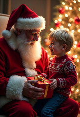 Santa Claus giving a gift to a happy kid in Christmas new year 