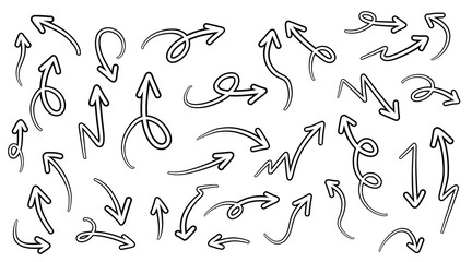 Hand drawn arrows collection Set simple flat arrows isolated on white background. Arrow mark icons and arrow paint. Stock vector. EPS10.