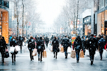 Obraz premium Crowded holiday shopping scene in a snowy city street