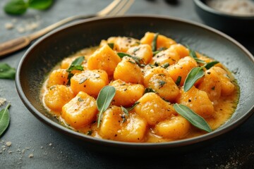 concept banner featuring pumpkin gnocchi in sage-infused sauce, perfect for autumn feast, with space for text