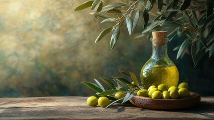 A bottle of olive oil sits on a wooden table next to a bunch of green olives