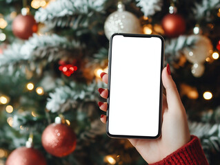 A woman holding a blank-screened mobile phone near a Christmas tree adorned with decorations, in a real photograph