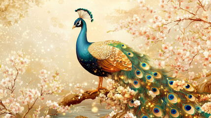 Fototapeta premium Majestic Peacock Perched on Tree Branch with Blooming Flowers, Elegant Scene
