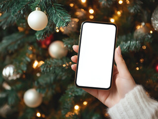 A woman holding a blank-screened mobile phone near a Christmas tree adorned with decorations, in a real photograph

