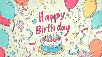 A birthday card with a birthday cake and a banner that says happy birthday