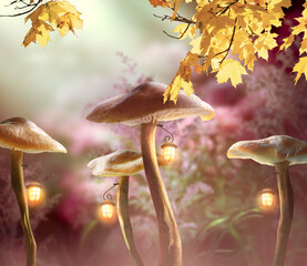 Fantasy enchanted fairy forest with mushrooms with hanging glowing lanterns and golden maple tree leaves, fairytale magical autumn landscape, mysterious natural background with deep dark wood.