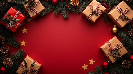 Christmas frame. Gift boxes with Xmas tree branches, golden stars and baubles on red background. Flat lay, top view, copy space.