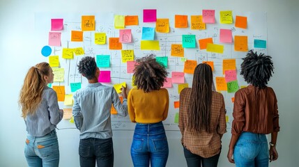 A brainstorming session with a diverse team gathered around a whiteboard, filled with colorful sticky notes and ideas,