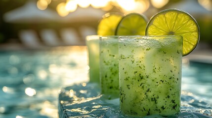 Sweet lime popsicles served chic glass holders floating bar luxury spa pool sparkling water bright umbrellas softly blurred background promoting refreshing summer treat Scientific name Citrus limetta