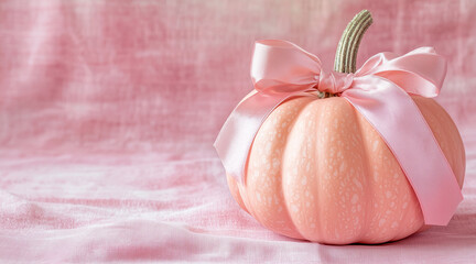 A whimsical pastel pink pumpkin adorned with a soft satin bow, perfect for Thanksgiving and Halloween decorations, with copy space for creative text