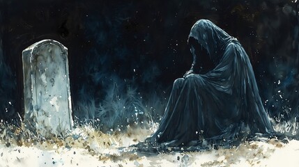Hooded Figure in a Haunted Graveyard
