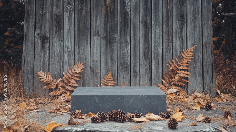 Poster this setting features a rustic wooden backdrop surrounded by fallen leaves, ferns, and scattered pin
