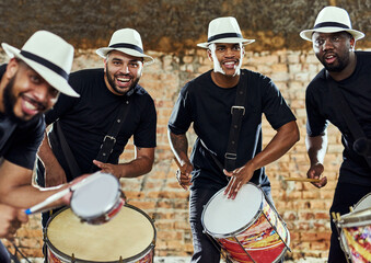 Band, people and drums outdoor at carnival for celebration, performance and night life event....
