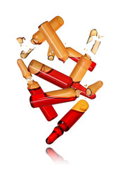 Many ampoules and glass pieces falling on white background