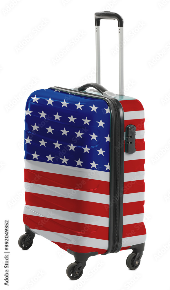 Sticker Suitcase painted in national flag of USA isolated on white