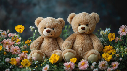 Background of fluffy teddy bears and colorful flowers