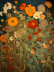Decorative art nouveau illustration of mixed flowers in an ornate decorative style