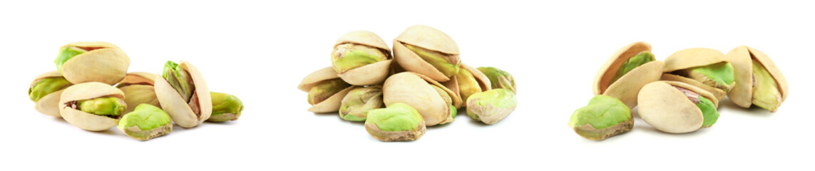 Delicious pistachios isolated on white, set. Tasty nut